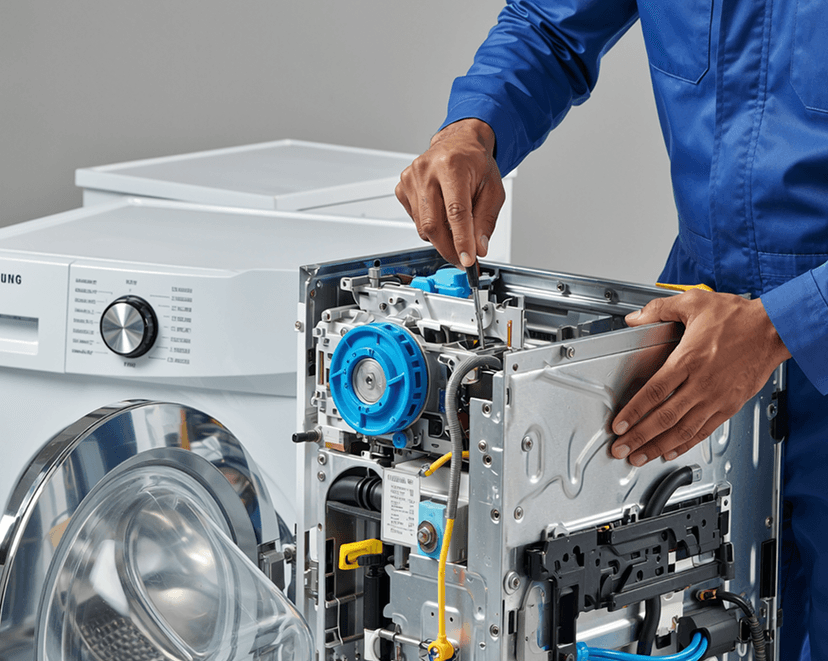Technician repairing washing machine